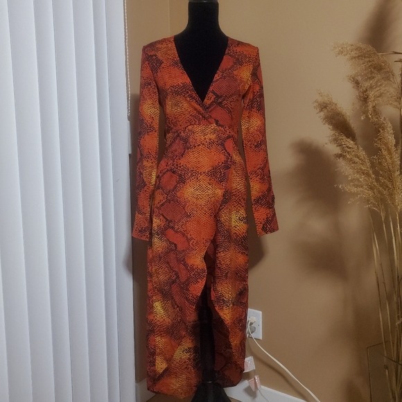 Snake Skin Print Long Sleeve V-Neck Semi Wrap Skirt Long Dress - Picture 16 of 17